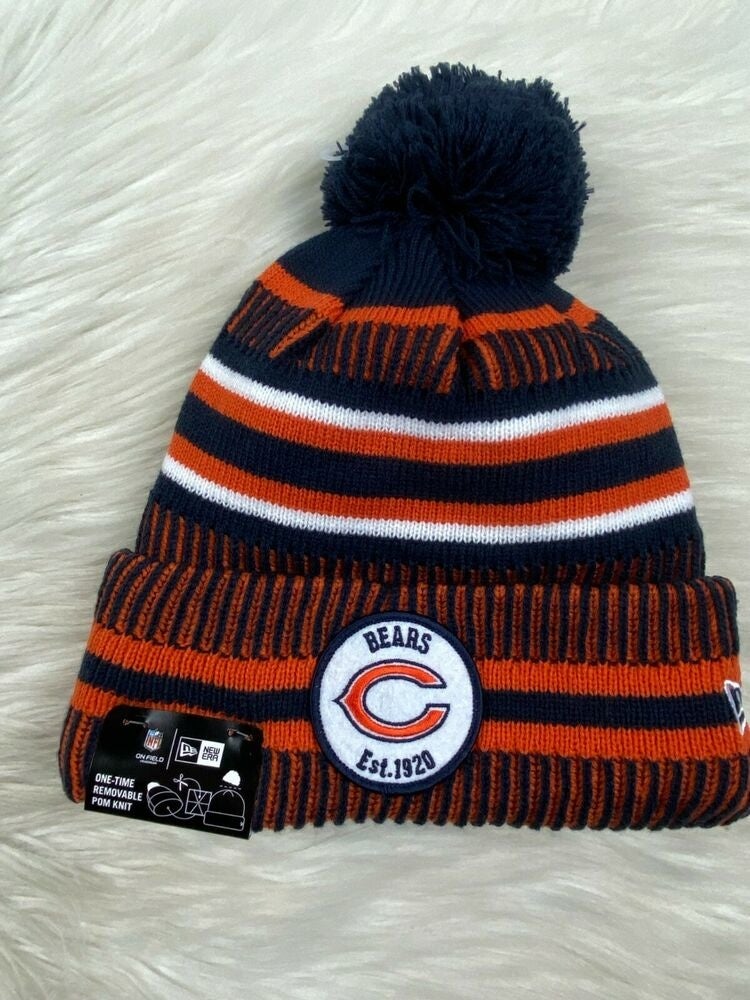 New Era NFL Chicago Bears Beanie Navy Blue Orange Word Trap Helmet