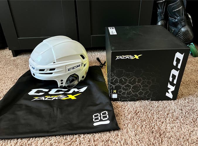 White Used Medium CCM  Super Tacks X Helmet - Blue Label inserts