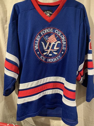2 Blue/white/red Hockey Jerseys Adult Men's Used, "Valley Forge Colonials"