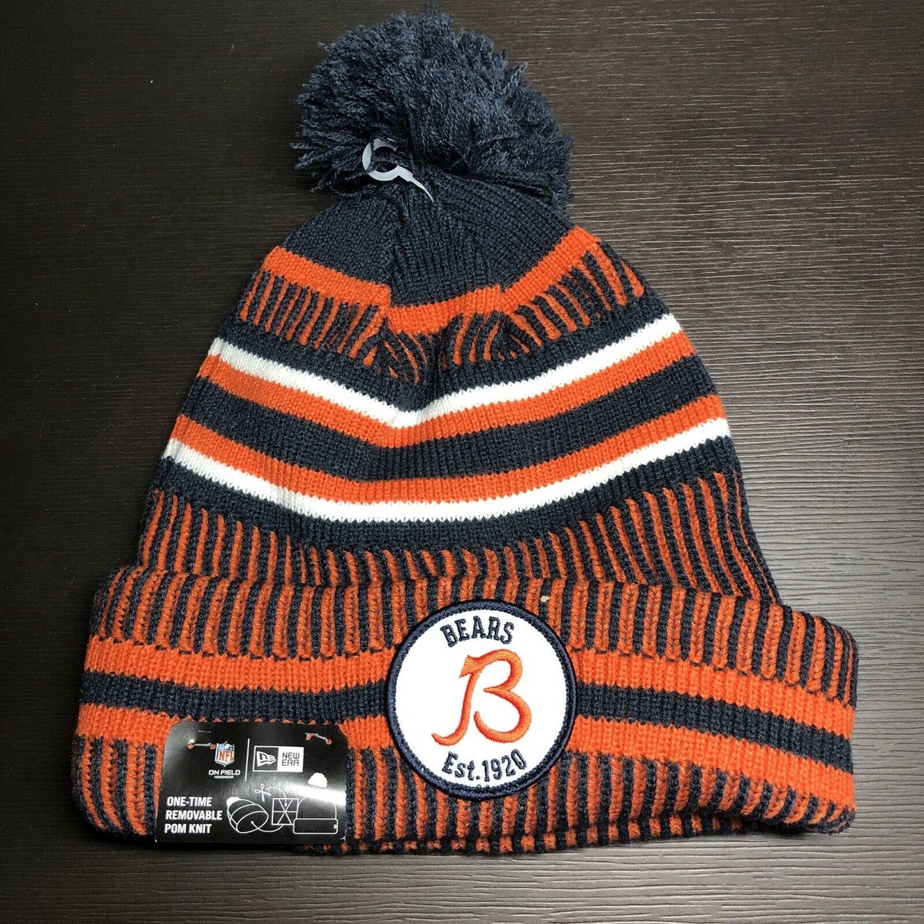 Youth New Era Orange/Navy Chicago Bears 2020 NFL Sideline Alternate B Logo  Sport Pom Cuffed Knit Hat