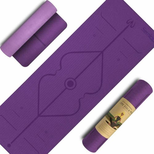 Semloo Non Slip TPE 1/4 Inch Thick Yoga Mat With Alignment Lines Pink/Purple