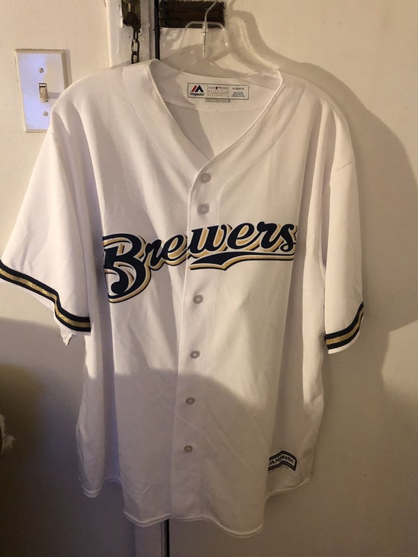 Authentic Milwaukee Brewers Cerveceros Gold Cool Base Jersey RARE! 48