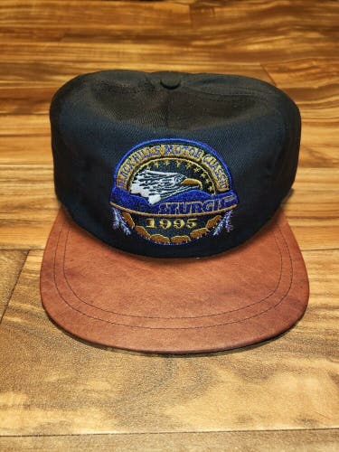 Vintage Rare 1995 Black Hills Sturgis Leather Brim Black Hat Cap Vtg Strapback