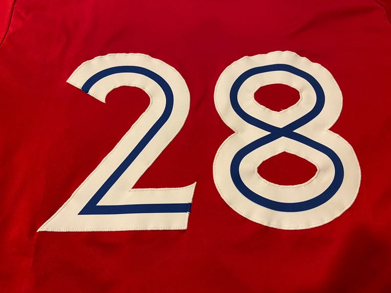 MiLB Dunedin Blue Jays #28 Canada Day Red Game Used / Worn Rawlings Baseball  Jersey