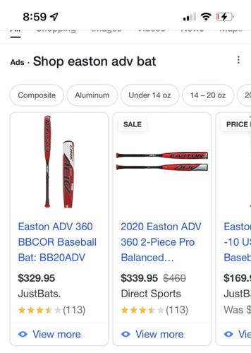 Used High School/College BBCOR Certified 2020 Easton Composite ADV 360 Bat (-3) 27 oz 30"