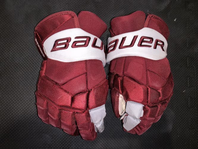 UMass Amherst 14” Bauer Supreme 2S Pro Hockey Gloves Maroon Pro Stock