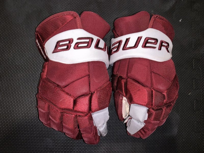 UMass Amherst 14” Bauer Supreme 2S Pro Hockey Gloves Maroon Pro Stock