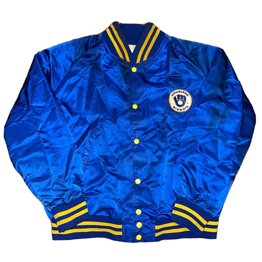 Milwaukee Brewers Reliever Satin Raglan Blue and Yellow Jacket
