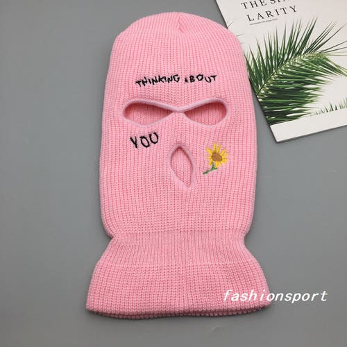 New Street Hip Hop Embroidered Ski Hat Ski Mask Balaclava In Pink