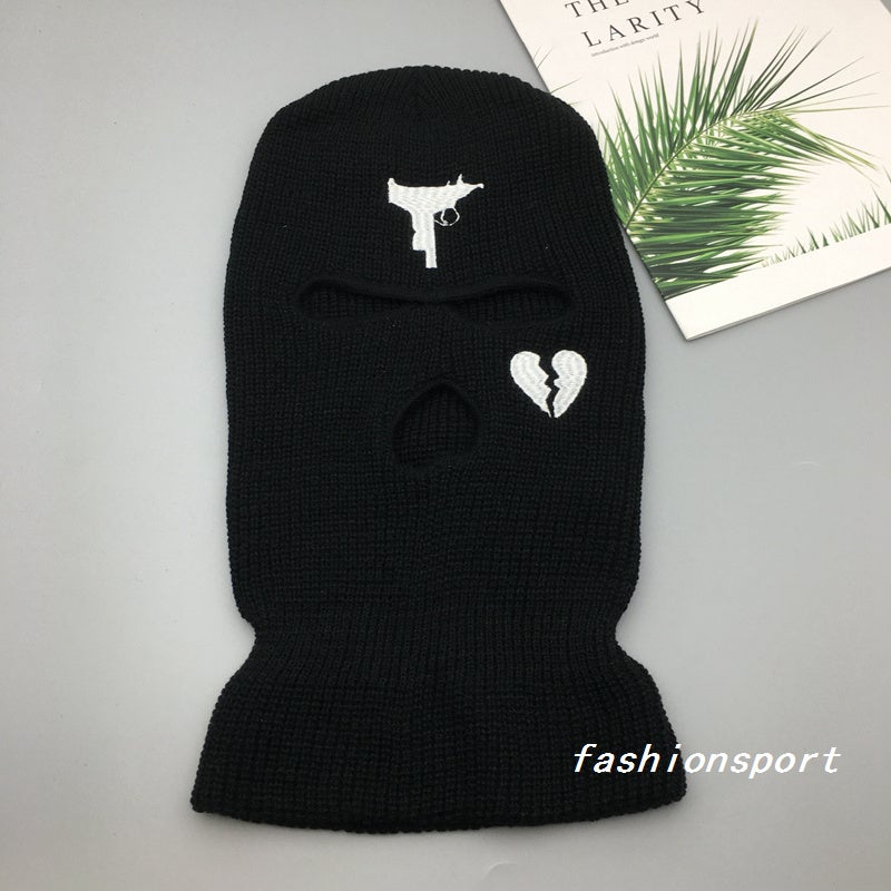 New Street Hip Hop Embroidered Ski Hat Ski Mask Balaclava In Black