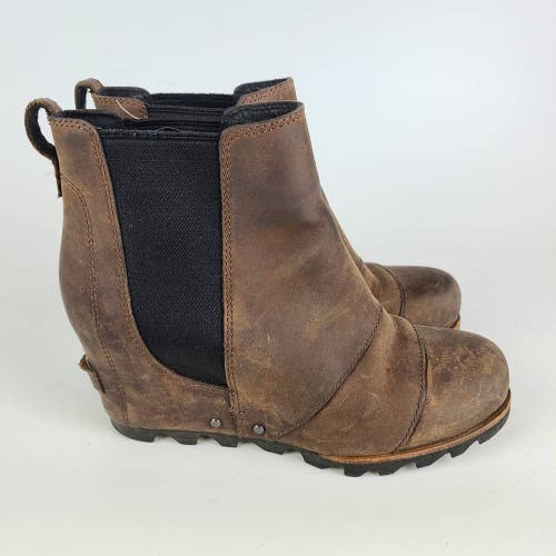 Sorel Womens Lea Ankle Boots Brown Black Wedge Heels Leather Cap Toe Pull Ons 6