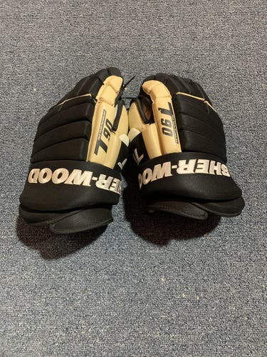 Game Used Black Sher-Wood T-90 Pro Stock Gloves Pittsburgh Penguins Team Issue 15”