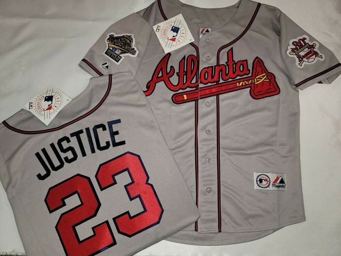 Majestic 1995 Atlanta Braves DAVID JUSTICE World Series Baseball JERSEY Gray New