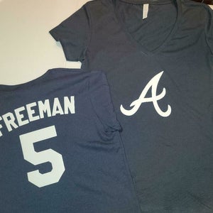 11021 Womens Atlanta Braves FREDDIE FREEMAN V-Neck Baseball Jersey Shirt Blue