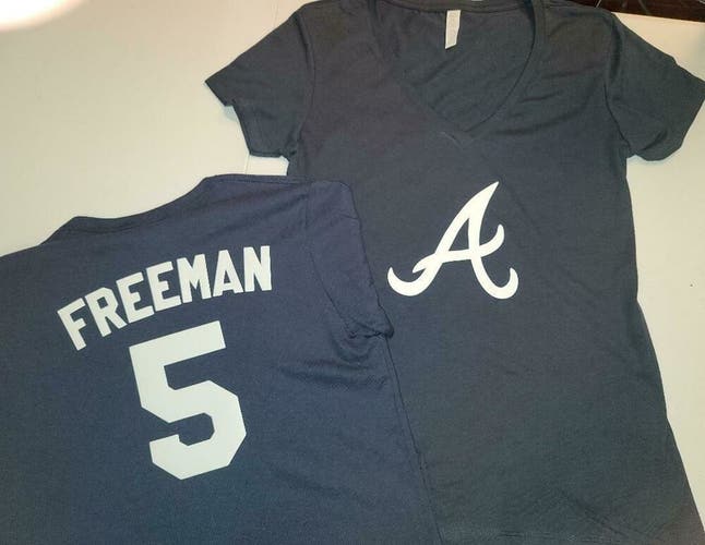 11021 Womens Atlanta Braves FREDDIE FREEMAN V-Neck Baseball Jersey Shirt Blue
