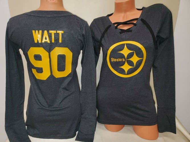01125 Womens Pittsburgh Steelers T.J. TJ WATT Football Long Sleeve SHIRT BLACK