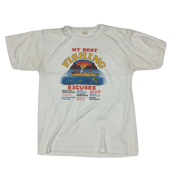 Vintage 80s My Best Fishing Excuses Nature T-Shirt White Single Stitch (XL)