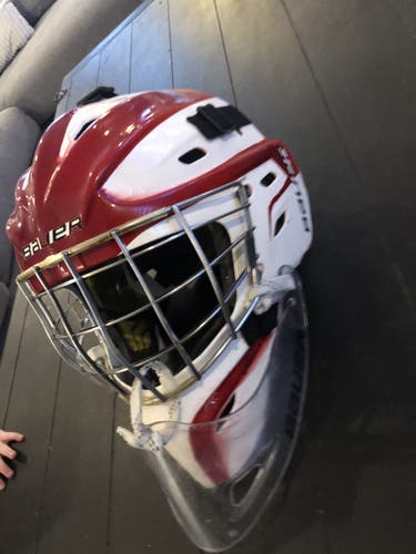Used Bauer Goalie Mask And Bib Red And White Adult