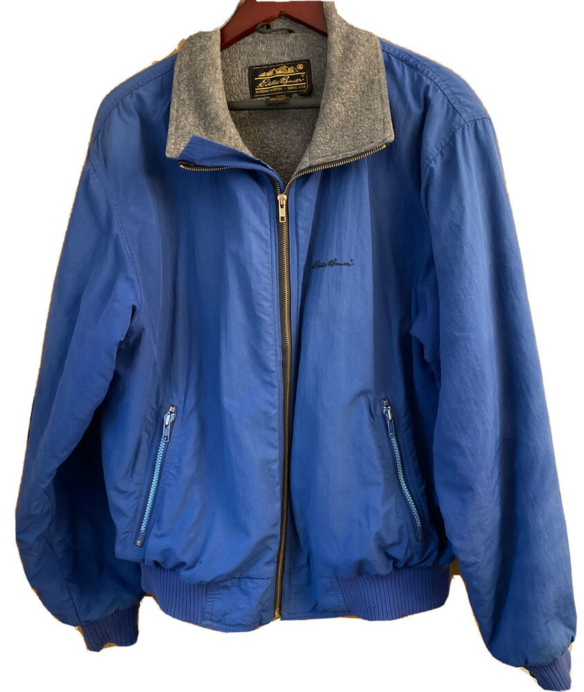 Vintage Eddie Bauer Windfoil Blue Bomber Jacket Gray Fleece Lining USA Large