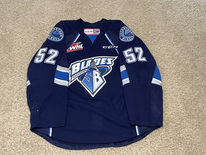 Authentic CCM 2015-16 Anthony Bishop Saskatoon Blades Game Worn Jersey Blue 54