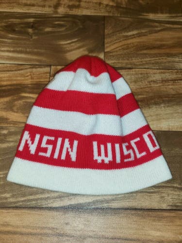 Vintage Wisconsin Red White Striped Beanie Winter Hat Cap