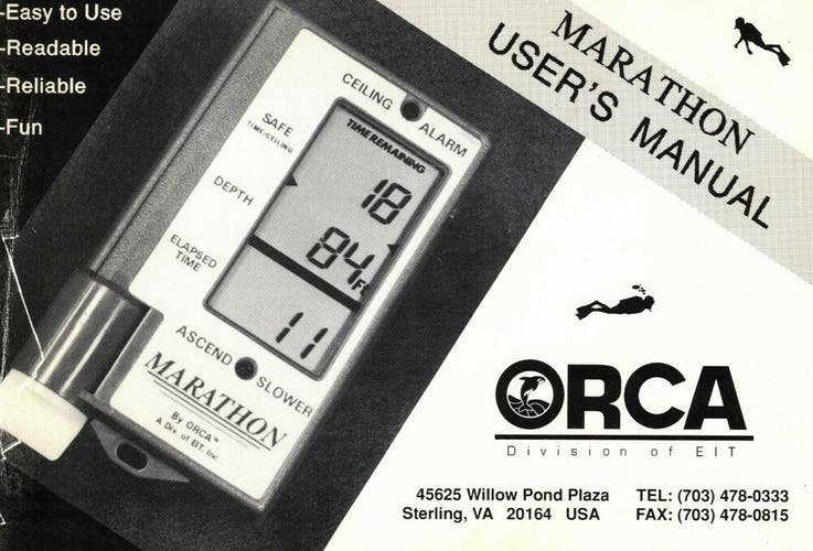Orca Marathon Scuba Dive Computer Printed Manual US Divers Aqualung Monitor 2 M1