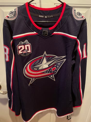 Columbus Blue Jackets Pierre-Luc Dubois Adidas AdiZero home jersey with 20th anniversary patch