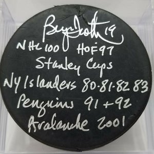 BRYAN TROTTIER Signed Hockey Puck Stanley Cups Penguins Islanders Avalanche