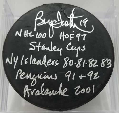 BRYAN TROTTIER Signed Hockey Puck Stanley Cups Penguins Islanders Avalanche