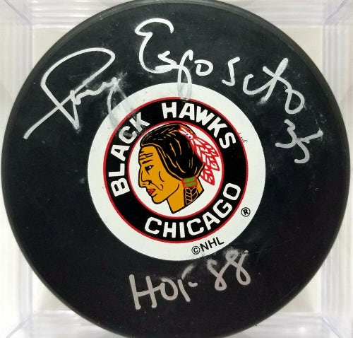 TONY ESPOSITO Signed TWICE Chicago Blackhawks AUTOGRAPHED Hockey Puck NHL w COA