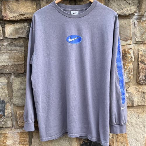 Vintage Y2K Nike Longsleeve Shirt Size Large Center Swoosh Double Sided Graphics Vtg Grey Blue Rare