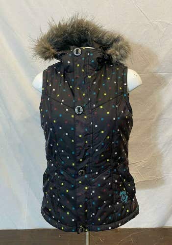 Burton Dryride Hooded Speckled Black Puffer Vest Women's Small EXCELLENT LOOK
