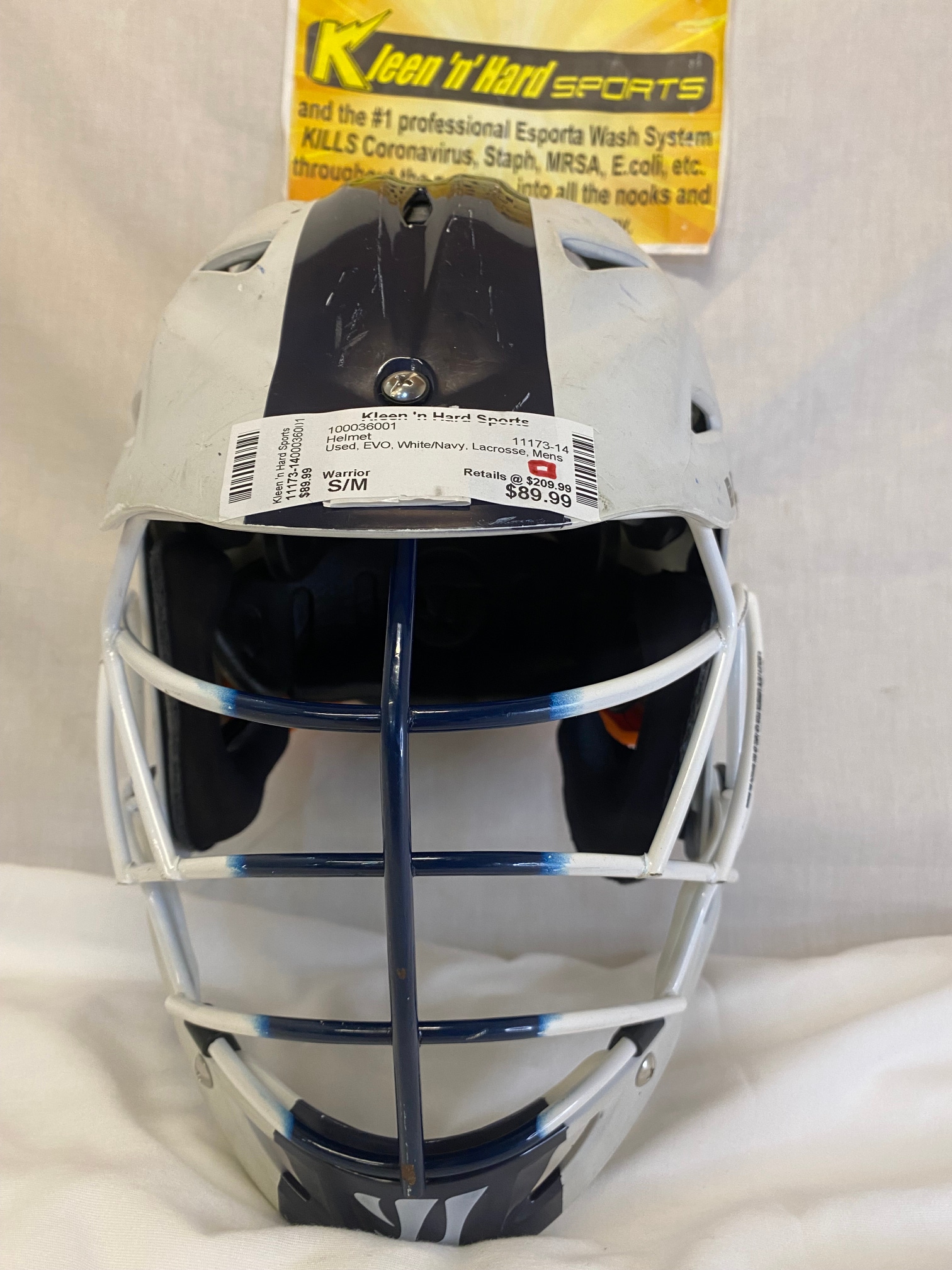 Used Warrior EVO Size S/M White/Navy Lacrosse Mens Helmet