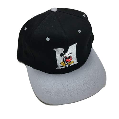 Vintage 90s Disney Mickey Mouse Block M Logo Black/Gray Snapback Hat Cap