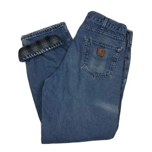 Carhartt Flannel Lined Denim Blue Jeans Light Wash Distressed and Faded 36x30