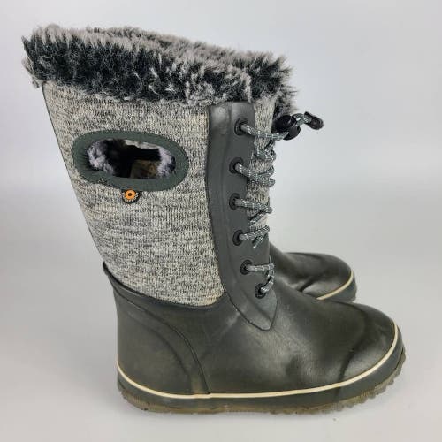 Bogs Girls Arcata Knit Snow Boots Gray Green Mid Calf Waterproof Bungee Cord 2