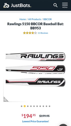 Used BBCOR Certified Rawlings Alloy 5150 Bat (-3) 26 oz 29"