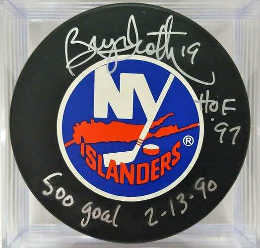 BRYAN TROTTIER Islanders AUTOGRAPHED 500 GOAL 2-13-90 Signed NHL Game Puck