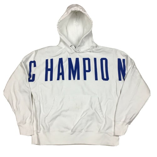 Champion Reverse Weave Pullover Hoodie Sweatshirt White Spell Out Logo (L)