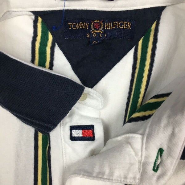 parade Gentleman imperium Vintage Tommy Hilfiger Golf Polo Shirt Vertical Stripe White/Green/Yellow  (XXL) | SidelineSwap