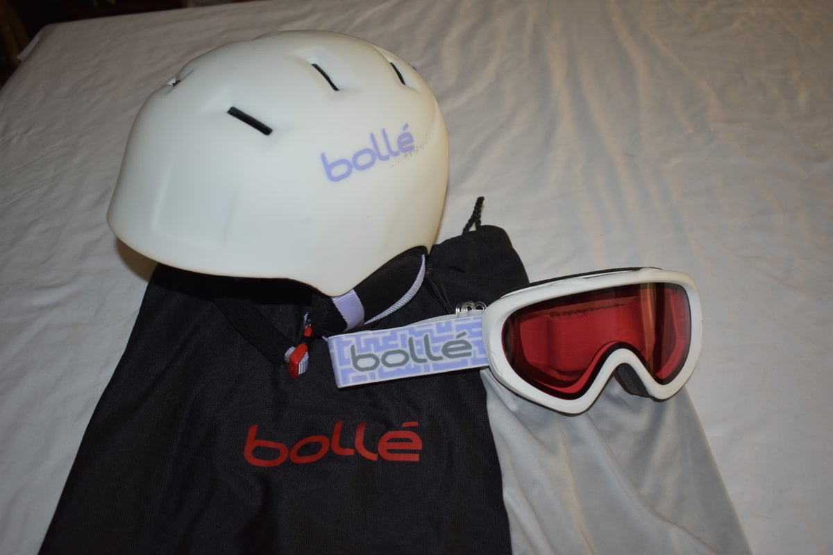 COMBO - Bolle Winter Sports Helmet w/Bolle Goggles and Bags, White, XS - Great Condition!