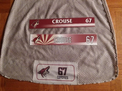 Arizona Coyotes Lawson Crouse #67 laundry bag and 2 different locker room nameplates (2016-2020)