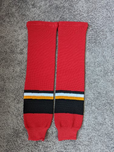 New Men's Adult Large Red  Athletic Knit Ice Hockey Socks with Black trim and yellow pipe