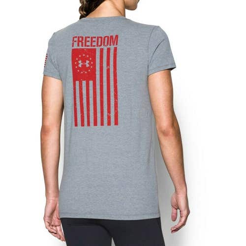 Under Armour Freedom Flag Short Sleeve T-Shirt Women's Small Gray Red 1302219