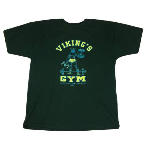 Vintage 90s Viking's Gym Detroit, Michigan Green Graphic T-Shirt (XL)