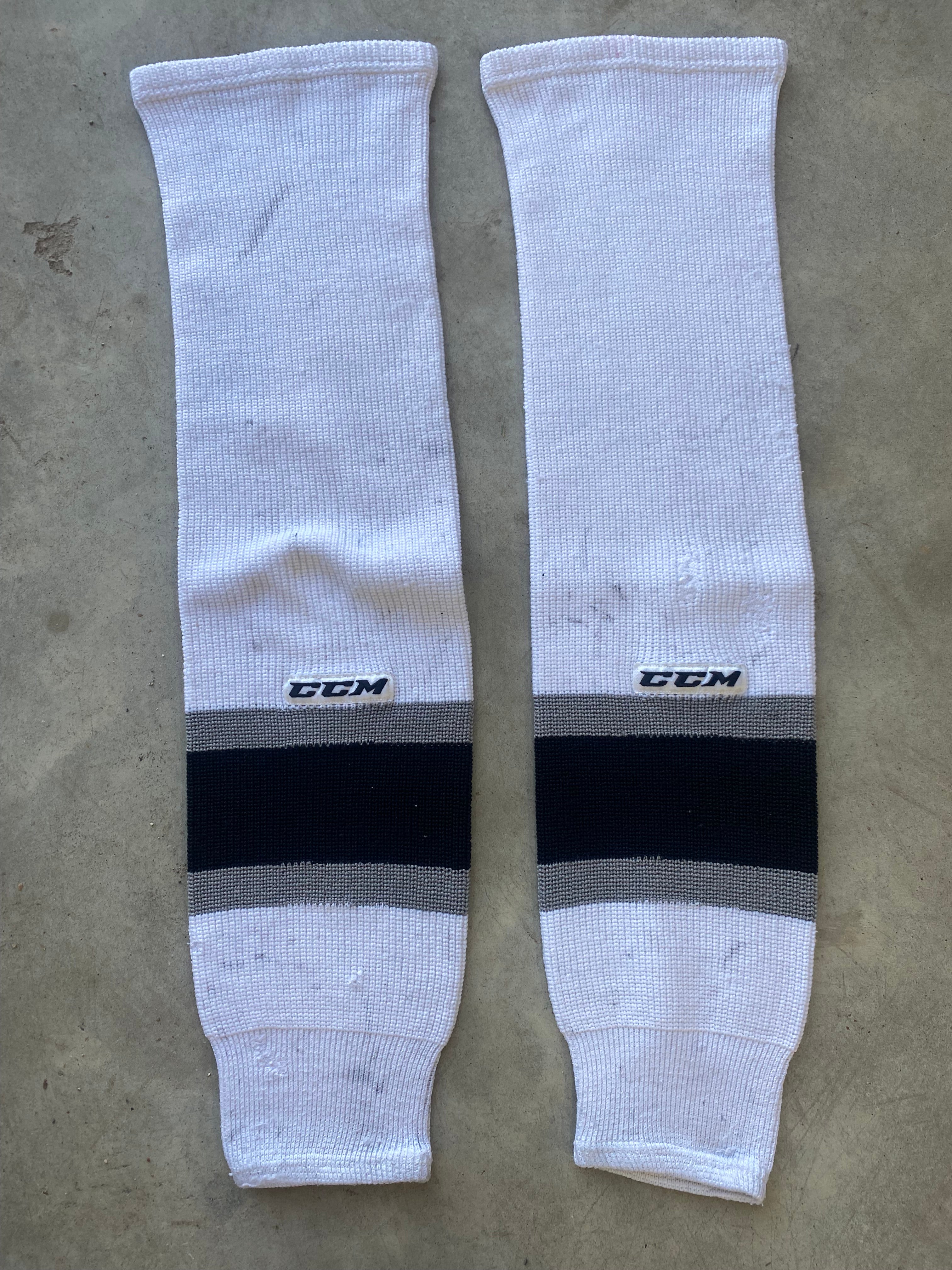 White CCM Knit Pro Stock Hockey Shin Pad Socks Norfolk Admirals Blue 