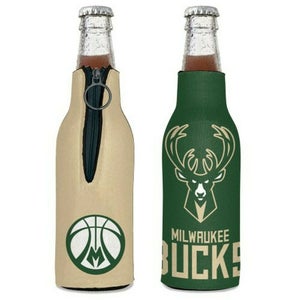Milwaukee Bucks Bottle Cooler 12 oz Zip Up Koozie Jacket NBA Two Sided
