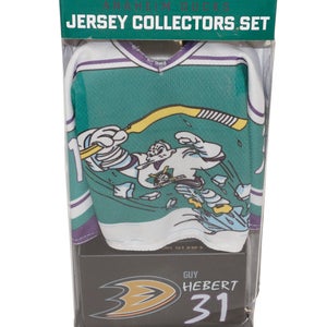 Guy Hebert Mini Hockey 3rd Jersey + Stand - Collectible Mighty Anaheim Duck 2016