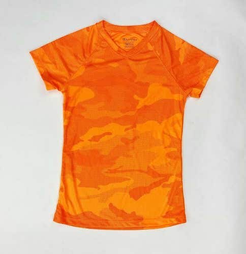 Champion Double Dry Short Sleeve V-Neck T-Shirt Women's XS Neon Orange Camo CW23