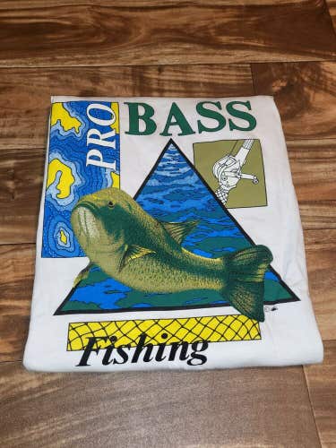 Vintage Pro Bass Fishing Nature Lake White Fishing Pole T Shirt Size M
